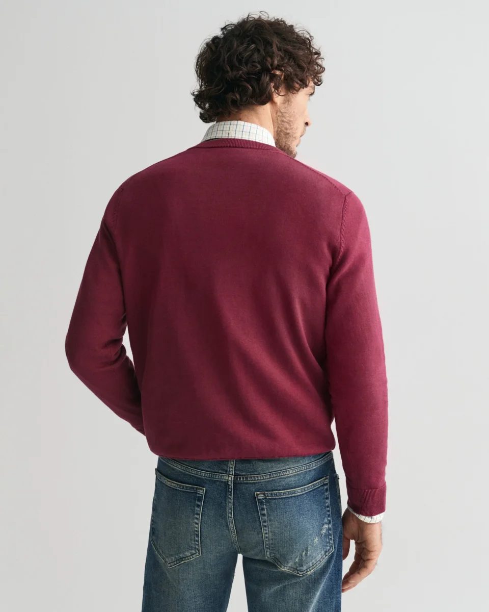 Cotton V-Neck Sweater in Wine - Image 3