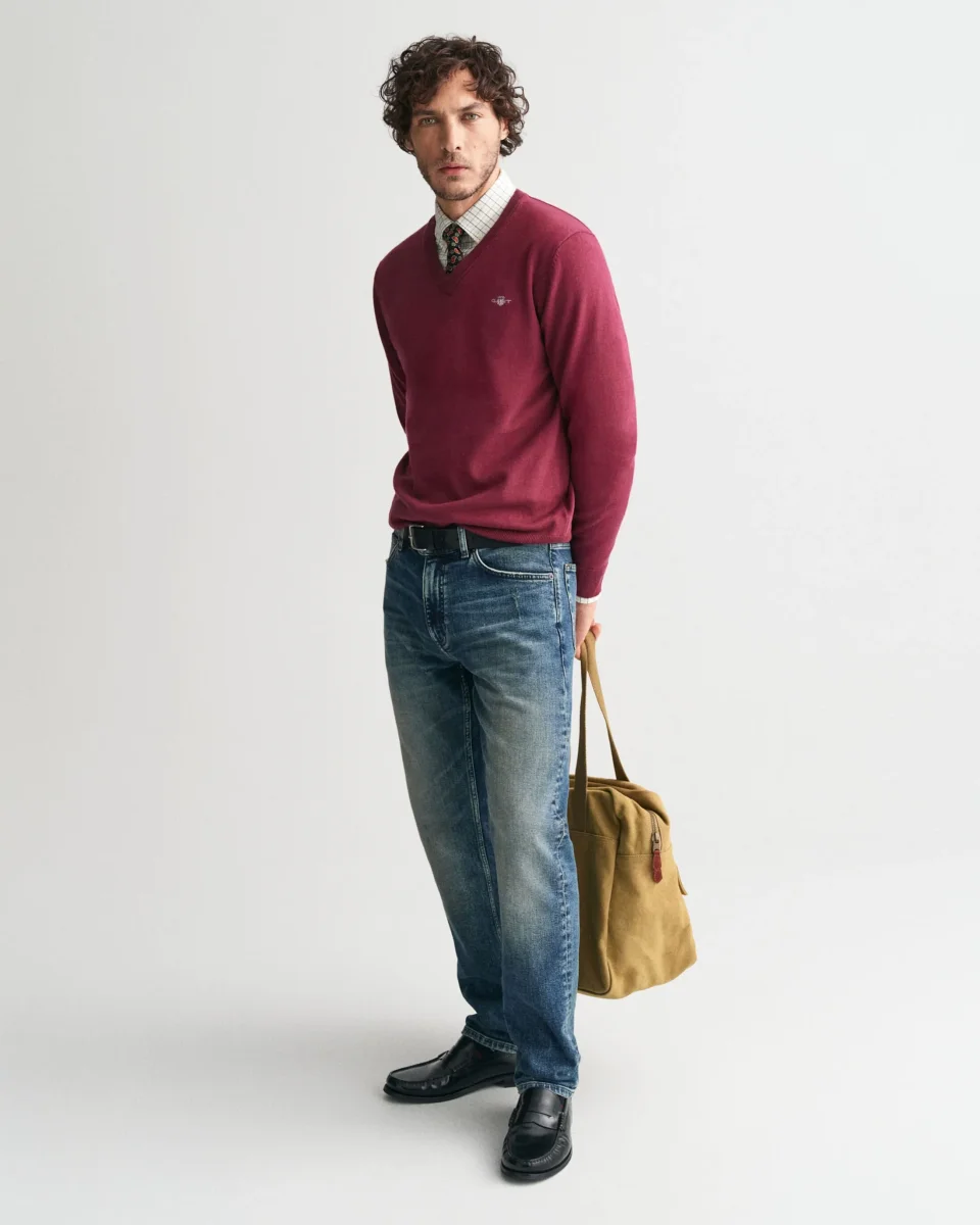 Cotton V-Neck Sweater in Wine - Image 6