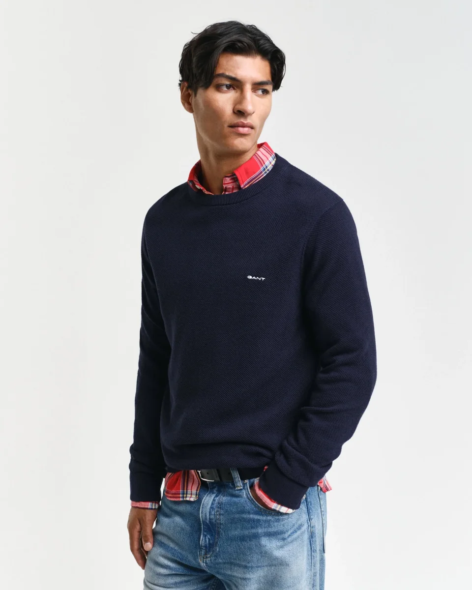 Piqué Crew Neck Sweater in Navy